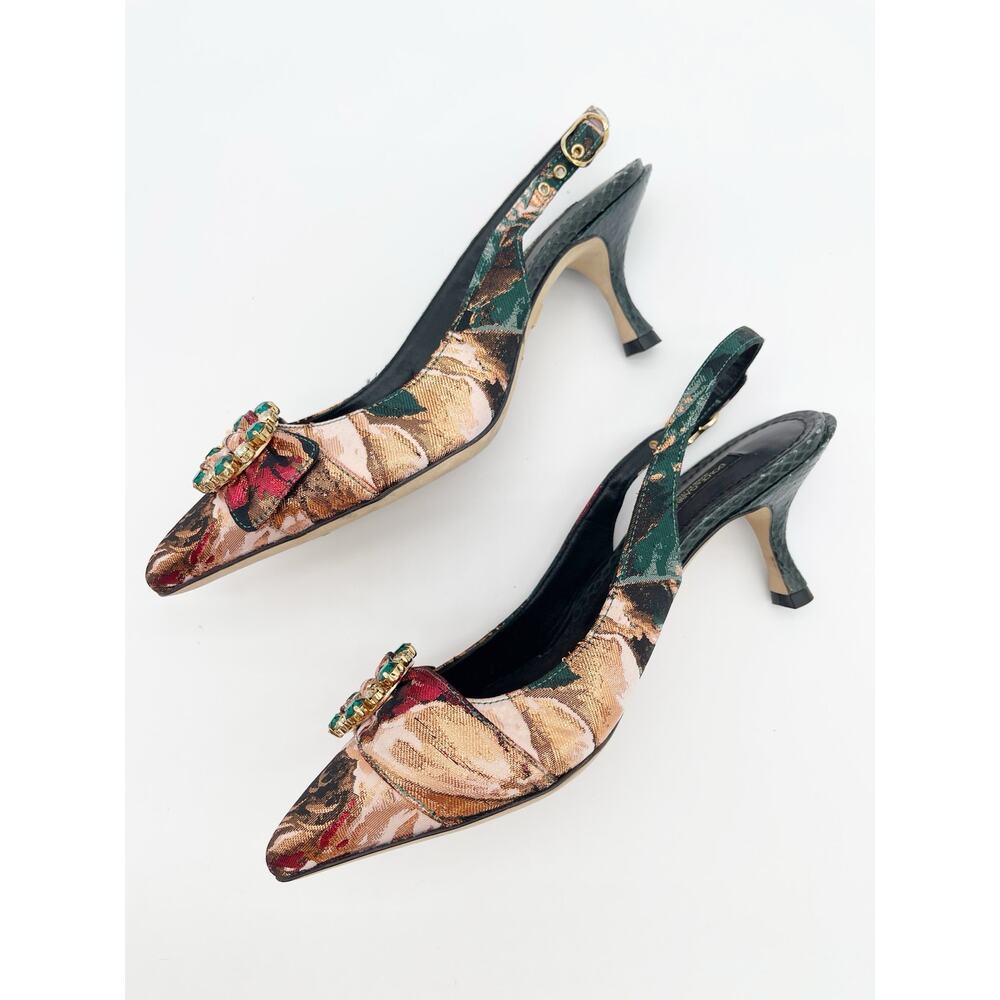 Dolce & Gabbana Floral Brocade Crystal Pointed Toe Slingback Heels IT 37 - Picture 5 of 13